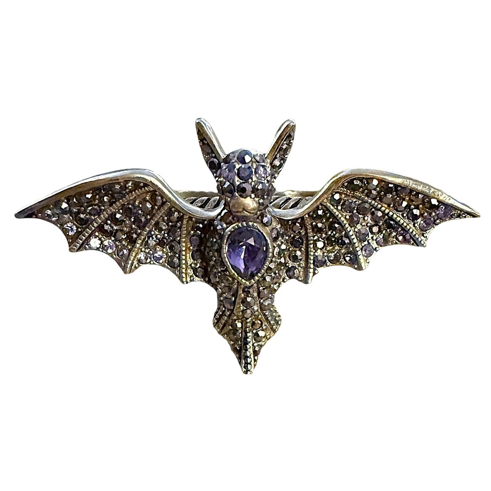 Rare Retired Heidi Daus Batty For You 2 Finger Bat Ring Purple Crystal Halloween